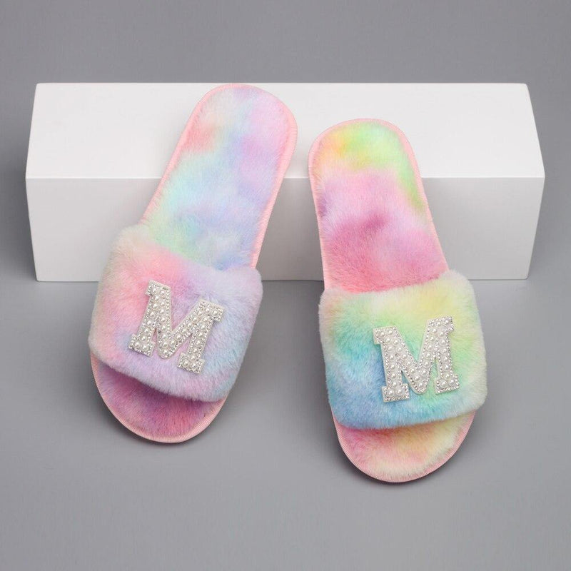 Customizable Women's Pearl Letter Decor Furry Slippers - AM APPAREL