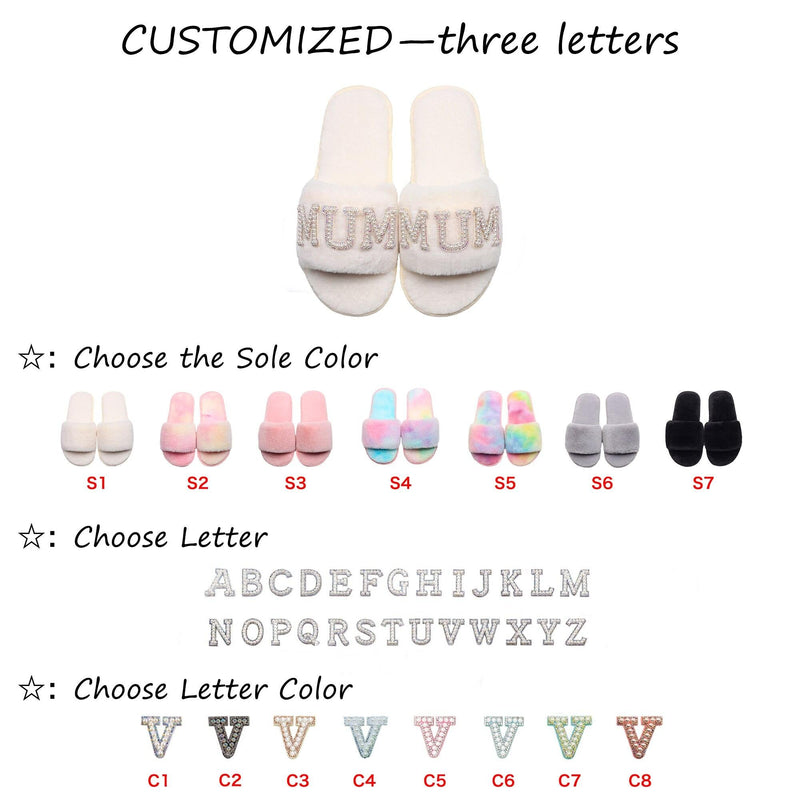 Customizable Women's Pearl Letter Decor Furry Slippers - AM APPAREL