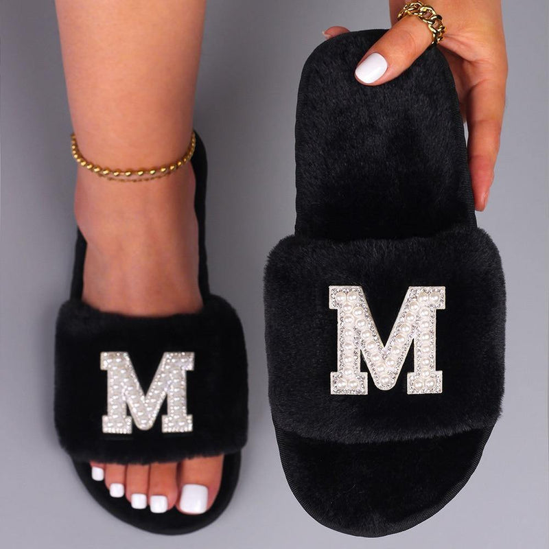 Customizable Women's Pearl Letter Decor Furry Slippers - AM APPAREL