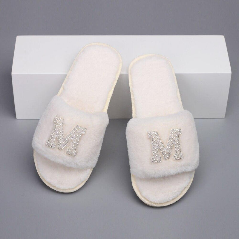 Customizable Women's Pearl Letter Decor Furry Slippers - AM APPAREL