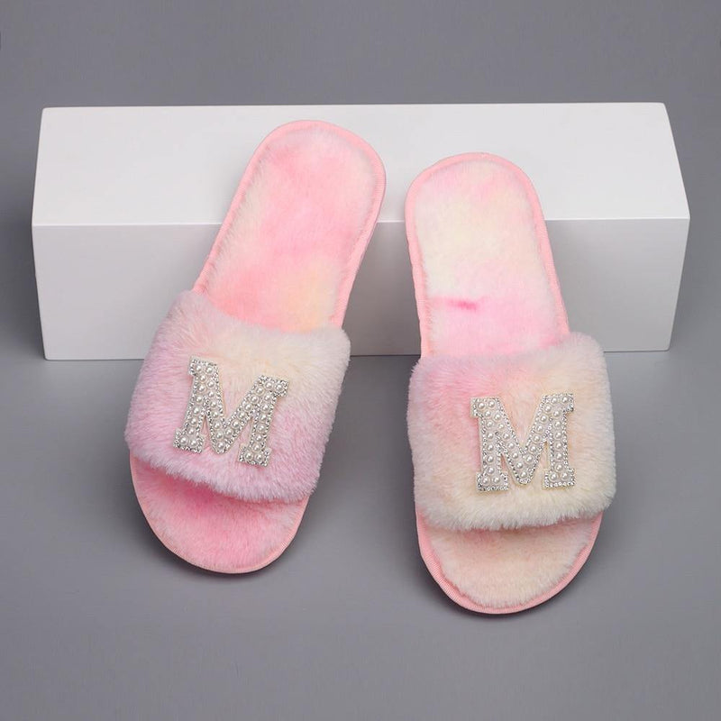 Customizable Women's Pearl Letter Decor Furry Slippers - AM APPAREL