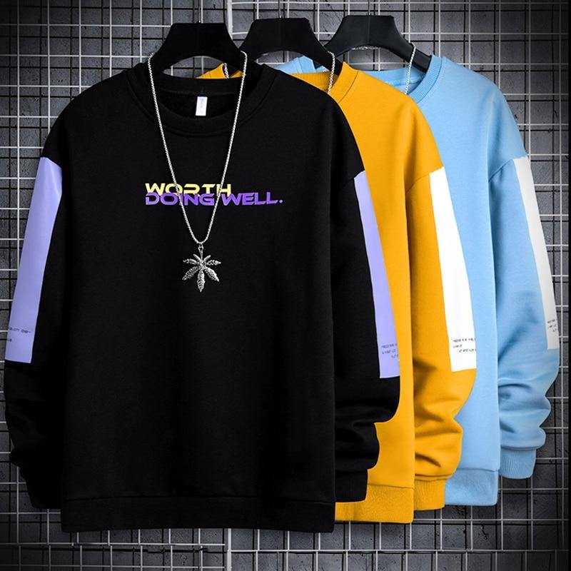 "Doing Well" Letter Print Men's Patchwork Sweatshirt - AM APPAREL