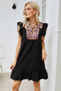 Graphic Embroidered Ruffle Hem Dress