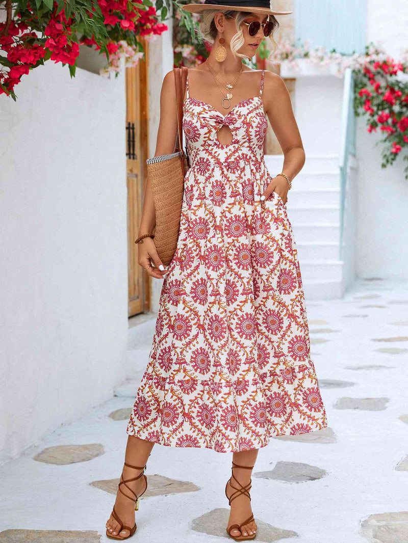 Printed Cutout Spaghetti Strap Midi Dress