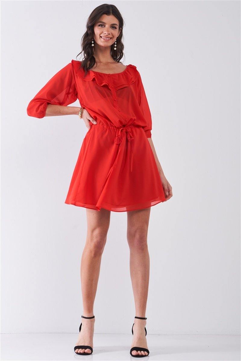 Flame Red Boat Neck Ruffle Collar Midi Sleeve Self-tie Waist Front Button Down Mini Dress - AM APPAREL