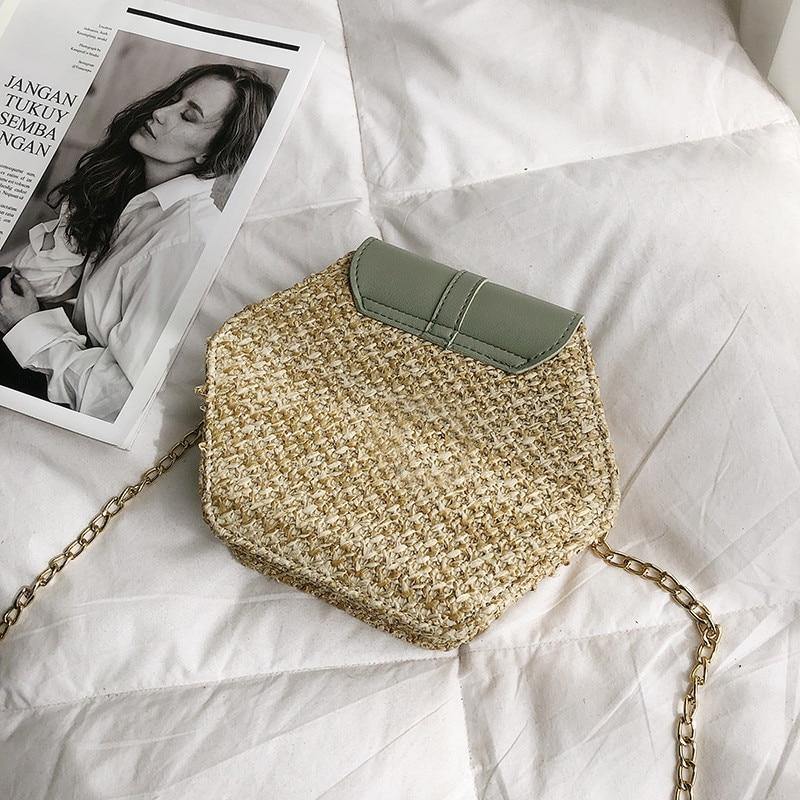 Hexagon Style Straw+Leather Handbag - AM APPAREL