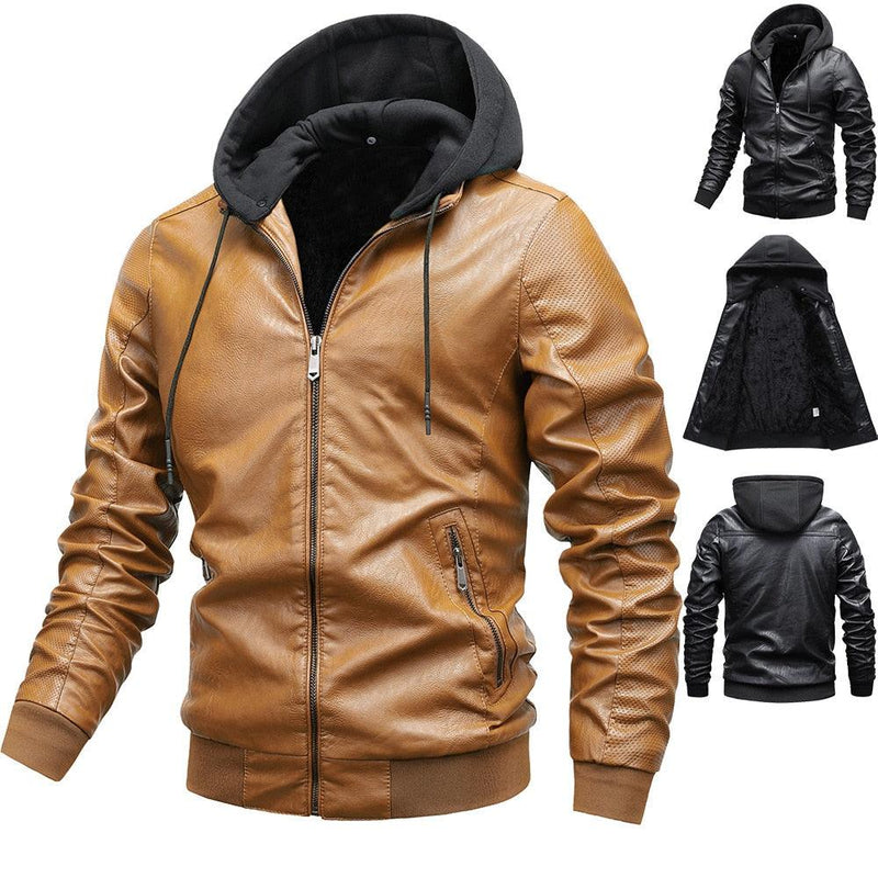 Men's Hooded PU Leather Thick Winter Jackets - AM APPAREL