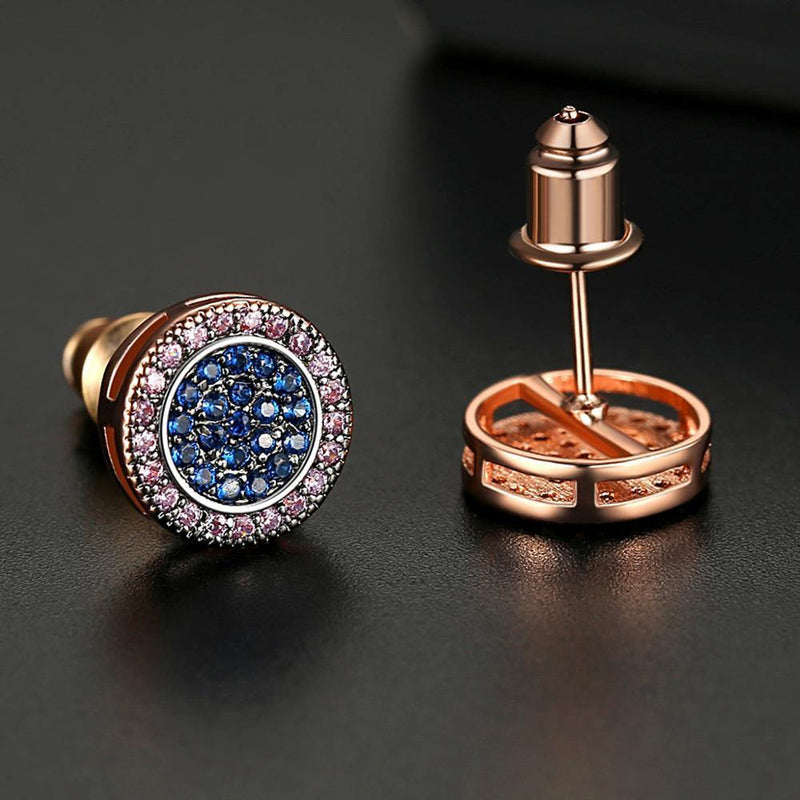 Men's Blue Round Zirconia Stud Earrings - AM APPAREL