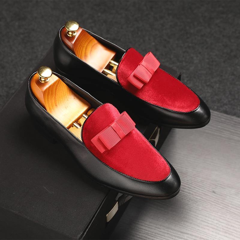 Men's Bowknot Detail Faux Leather Loafers - AM APPAREL