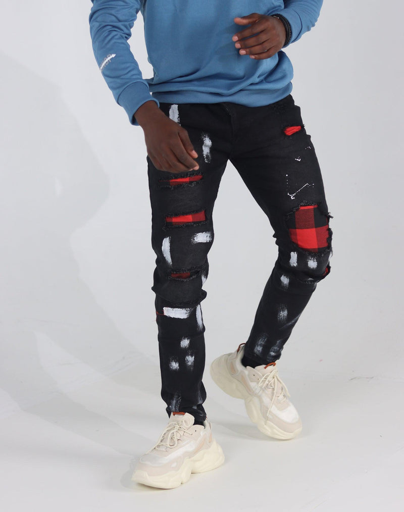 Men's Distressed Slim Fit Patchwork Jeans - AM APPAREL