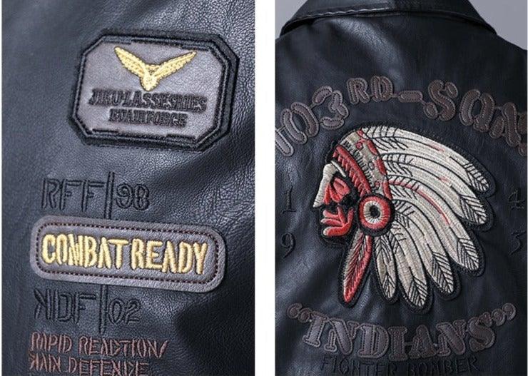 Men's Embroidered Motorcycle Faux Leather Jacket - AM APPAREL