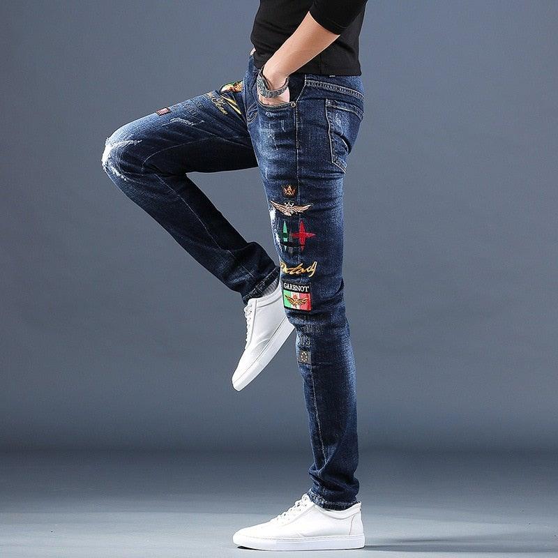 Men's Embroidered Pencil Jeans - AM APPAREL