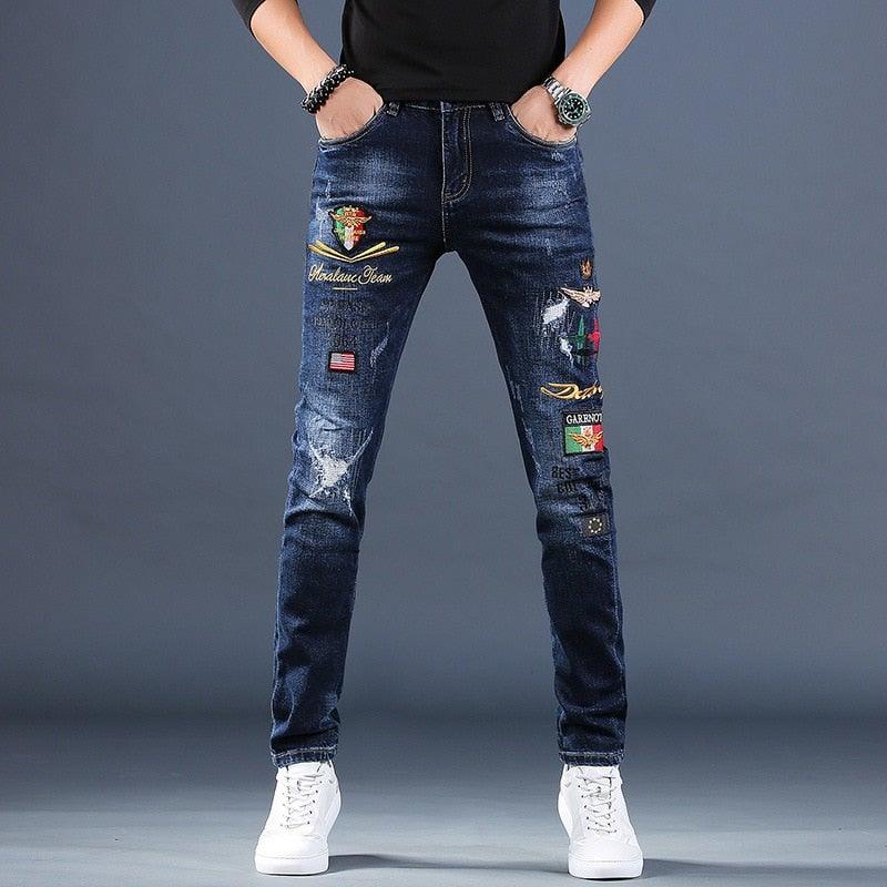 Men's Embroidered Pencil Jeans - AM APPAREL