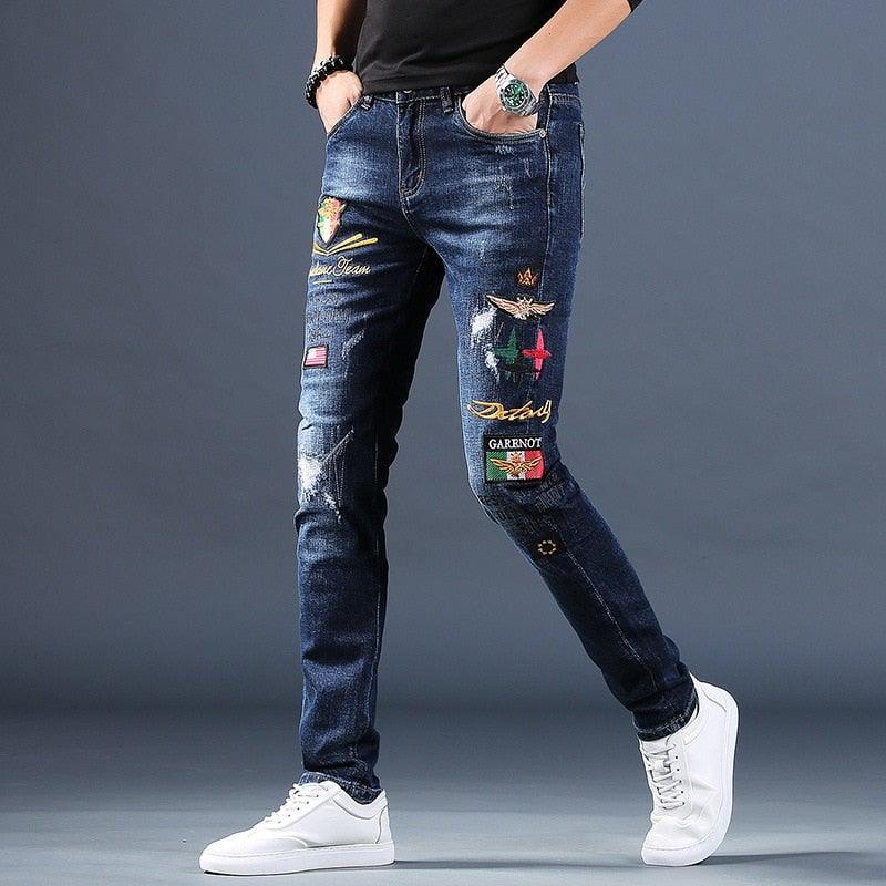 Men's Embroidered Pencil Jeans - AM APPAREL