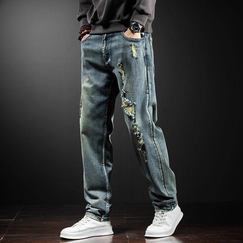 Men's Embroidery Distressed Loose Fit Jeans - AM APPAREL