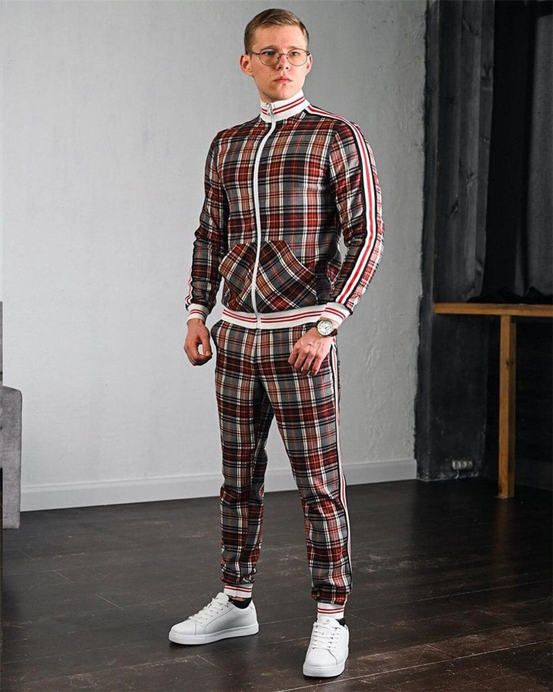 Men's Fashion Plaid Two Piece Tracksuit - AM APPAREL