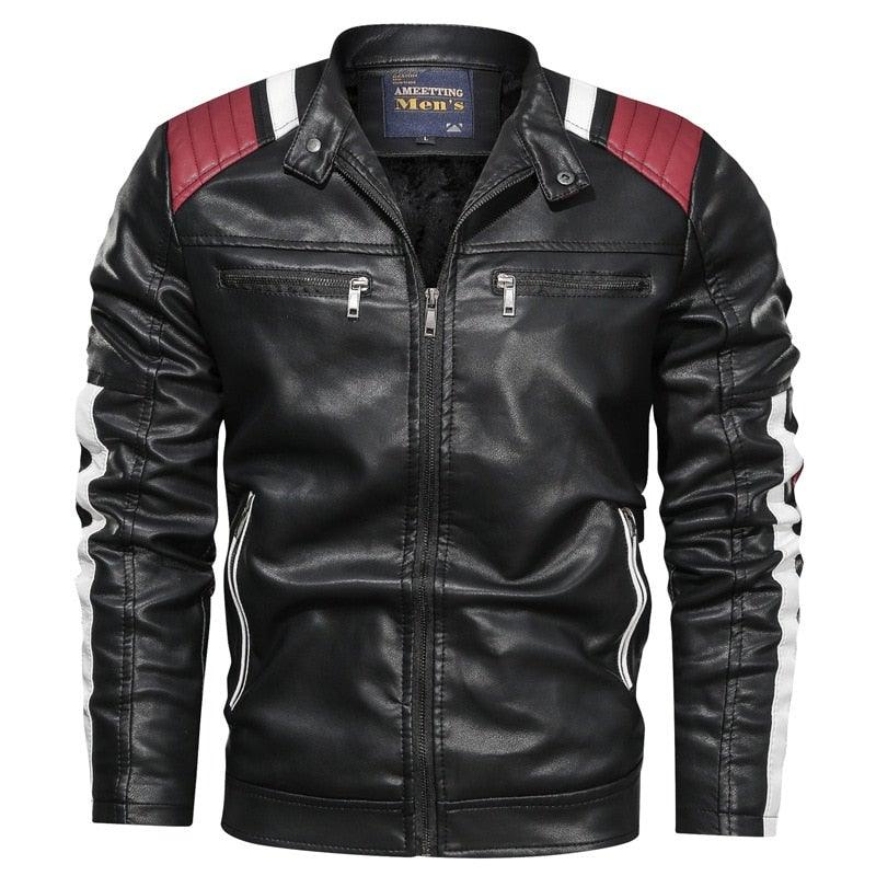 Men's Faux Leather Casual Stand Collar Jacket - AM APPAREL