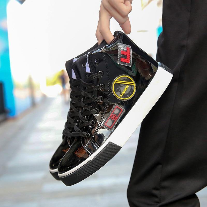 Men's Faux Leather High Top Shinny Sneakers - AM APPAREL