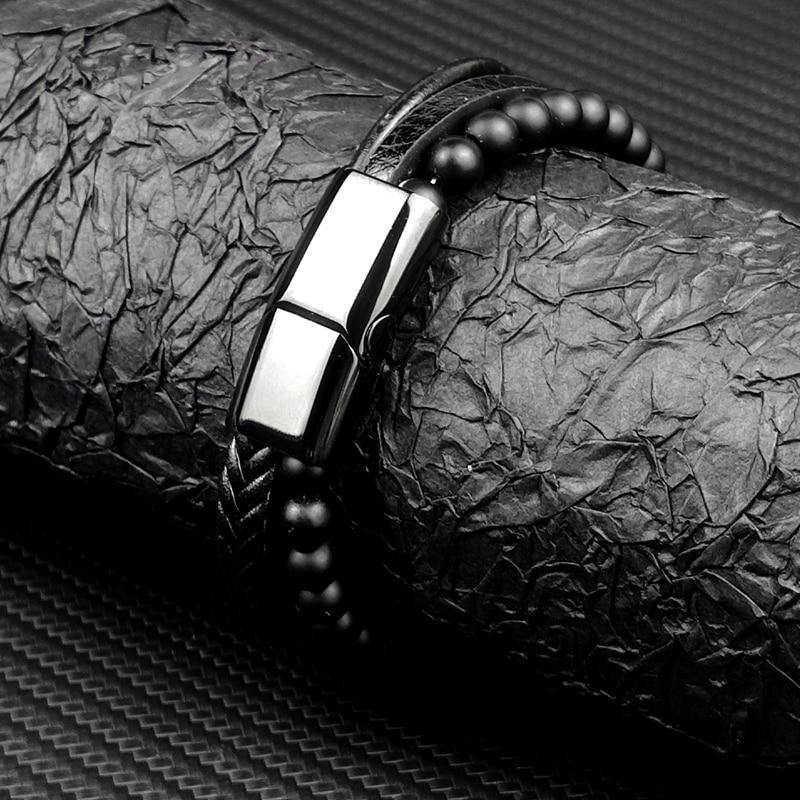 Men's Fine Multi-Layered Leather Beaded Bracelet - AM APPAREL