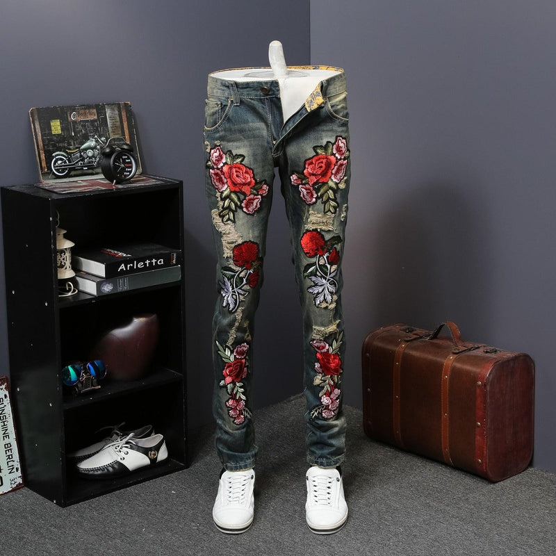 Men's Flower Embroidery Hip Hop Jeans - AM APPAREL