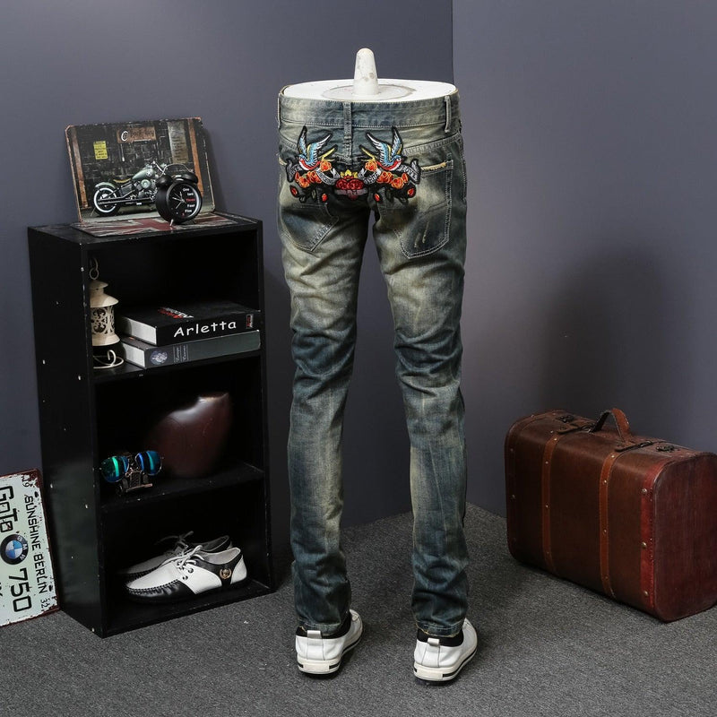 Men's Flower Embroidery Hip Hop Jeans - AM APPAREL