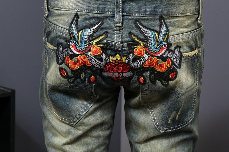 Men's Flower Embroidery Hip Hop Jeans - AM APPAREL