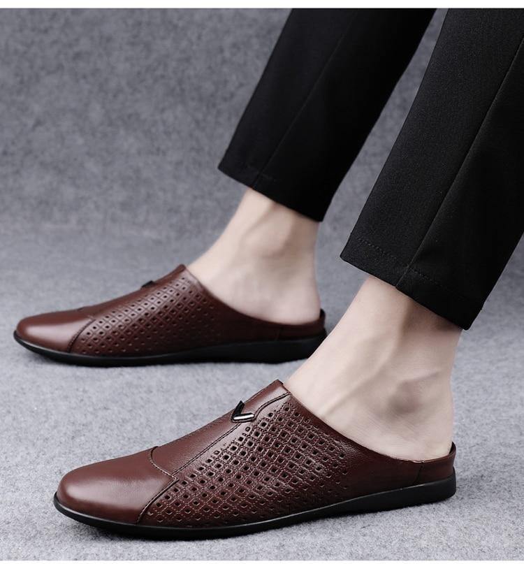 Men's Genuine Leather Mules Backless Loafers - AM APPAREL