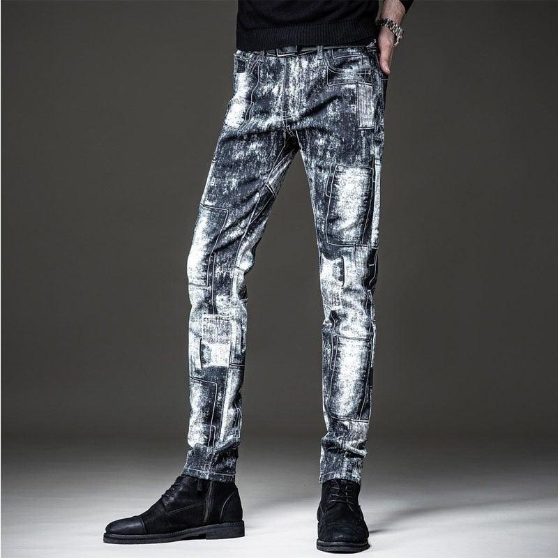 Men's Graffiti Print Patchwork Slim Fit Jeans - AM APPAREL