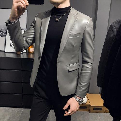 Men's Kpop Style Slim Fit Faux LeatherJacket - AM APPAREL