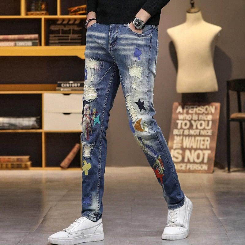 Men's Patchwork Korean Style Jeans - AM APPAREL