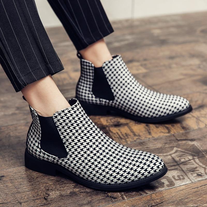 Men's Plaid Faux Leather Chelsea Boots - AM APPAREL