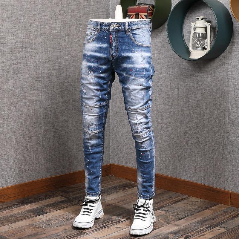 Men's Slim Fit Elastic Distressed Denim Jeans - AM APPAREL