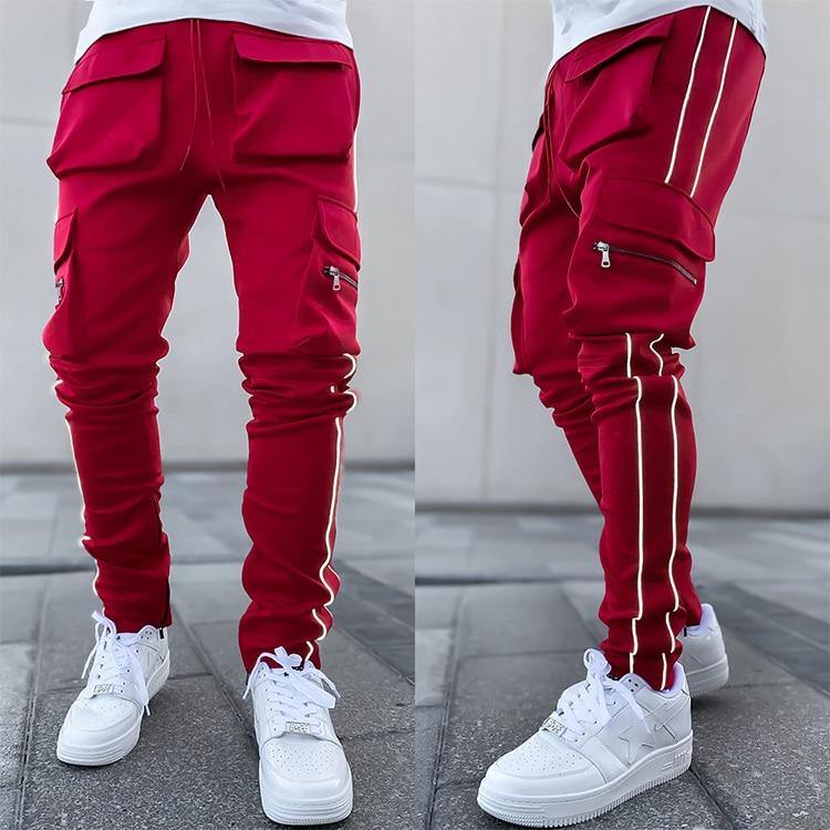 Men's Streetwear Multi-Pocket Cargo Pants W/ Reflective Lines - AM APPAREL