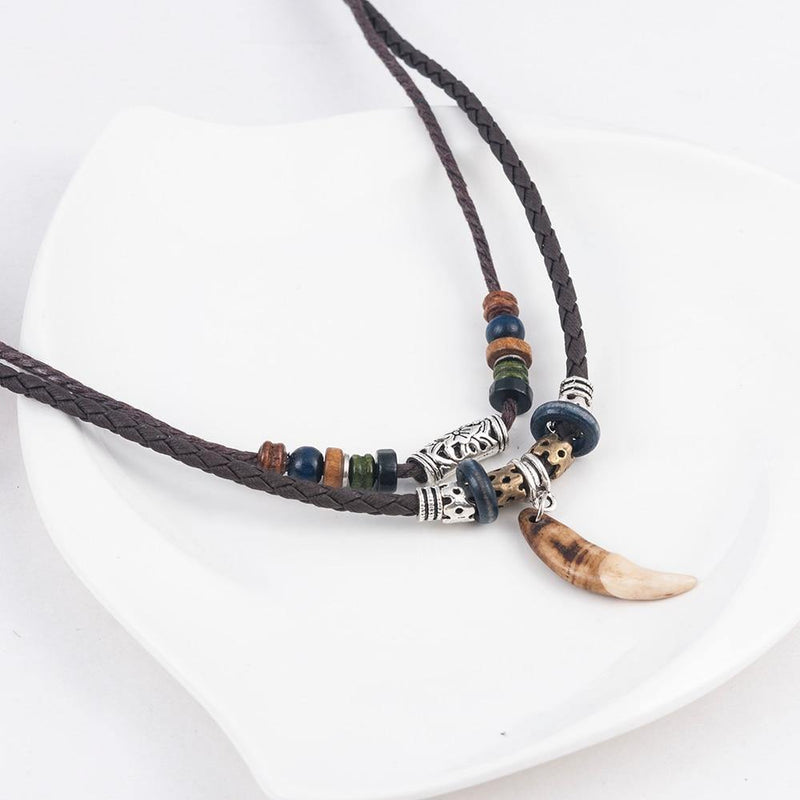 Men's Tooth Pendant Beaded Necklace - AM APPAREL