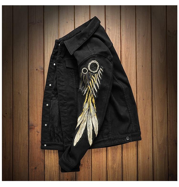 Men's Trendy Wings Embroidery Fleece Jean Jacket - AM APPAREL