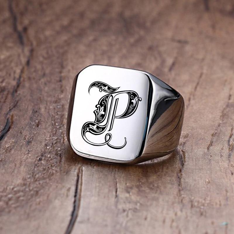 Men's Vnox Retro Initials Signet Ring - AM APPAREL