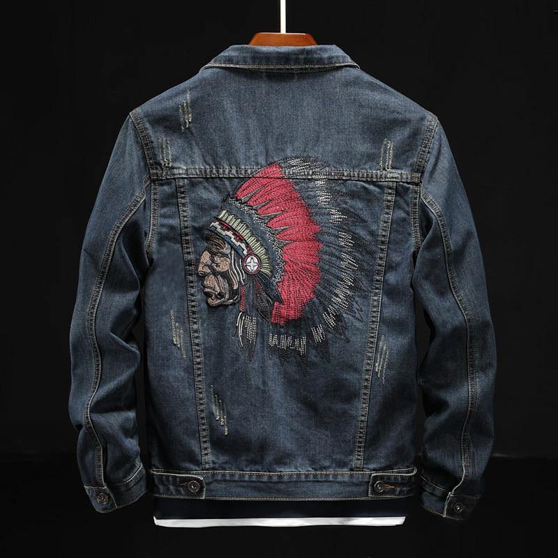 Men's Washed Embroidered Denim Jacket - AM APPAREL