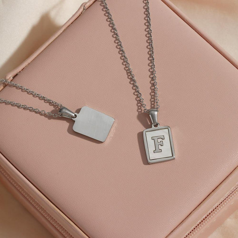 Unisex Square Letter Engraved Pendant Necklace - AM APPAREL