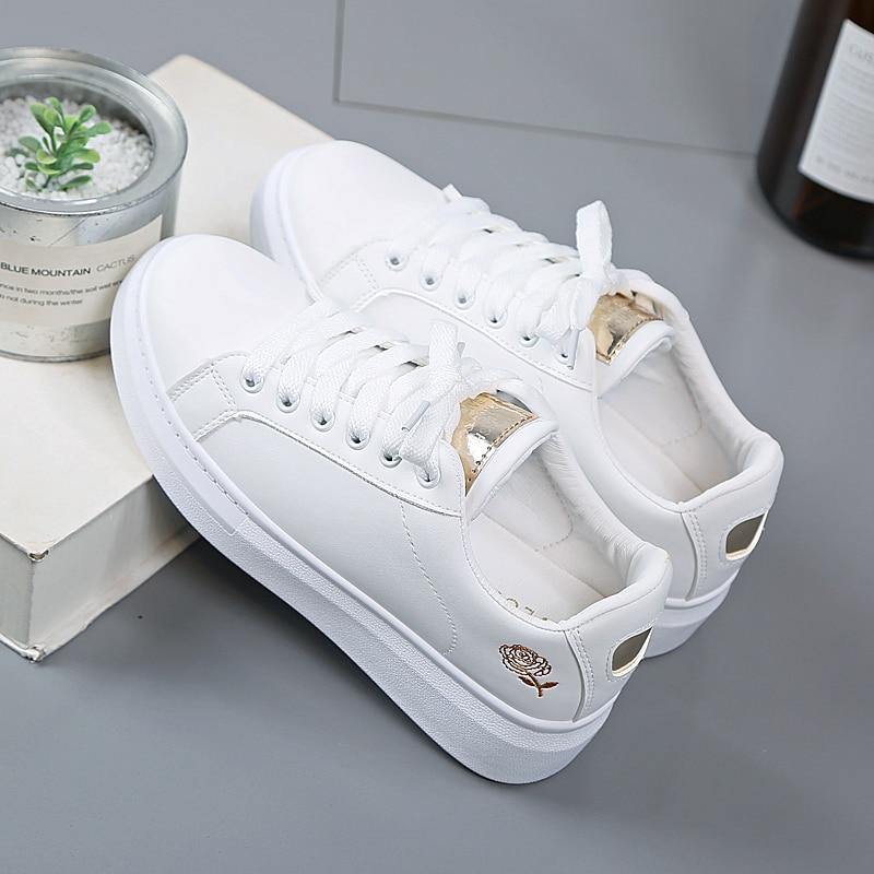 Women's Casual Embroidered White Sneakers - AM APPAREL