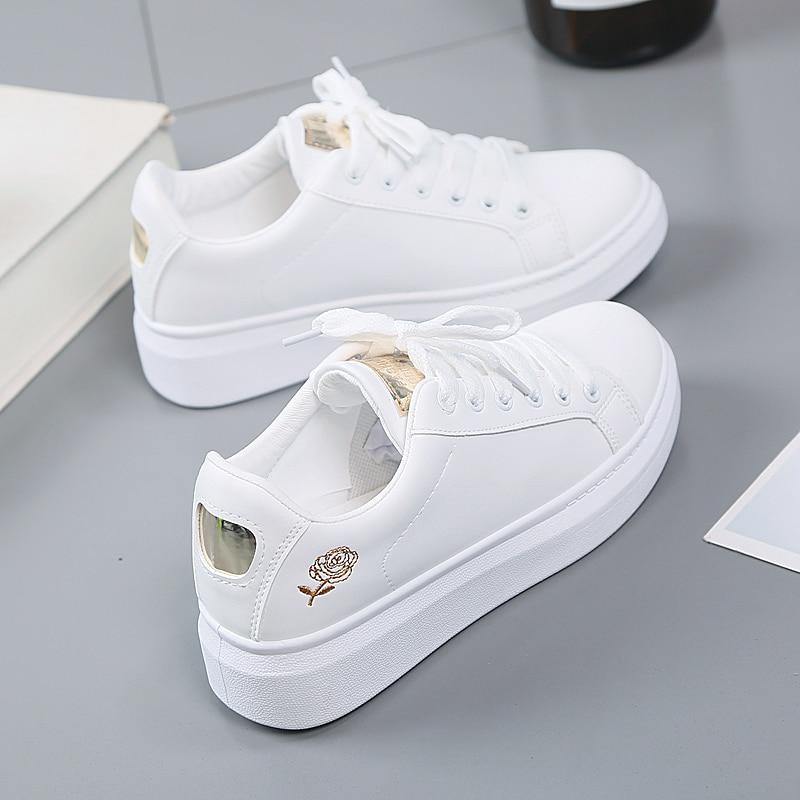 Women's Casual Embroidered White Sneakers - AM APPAREL