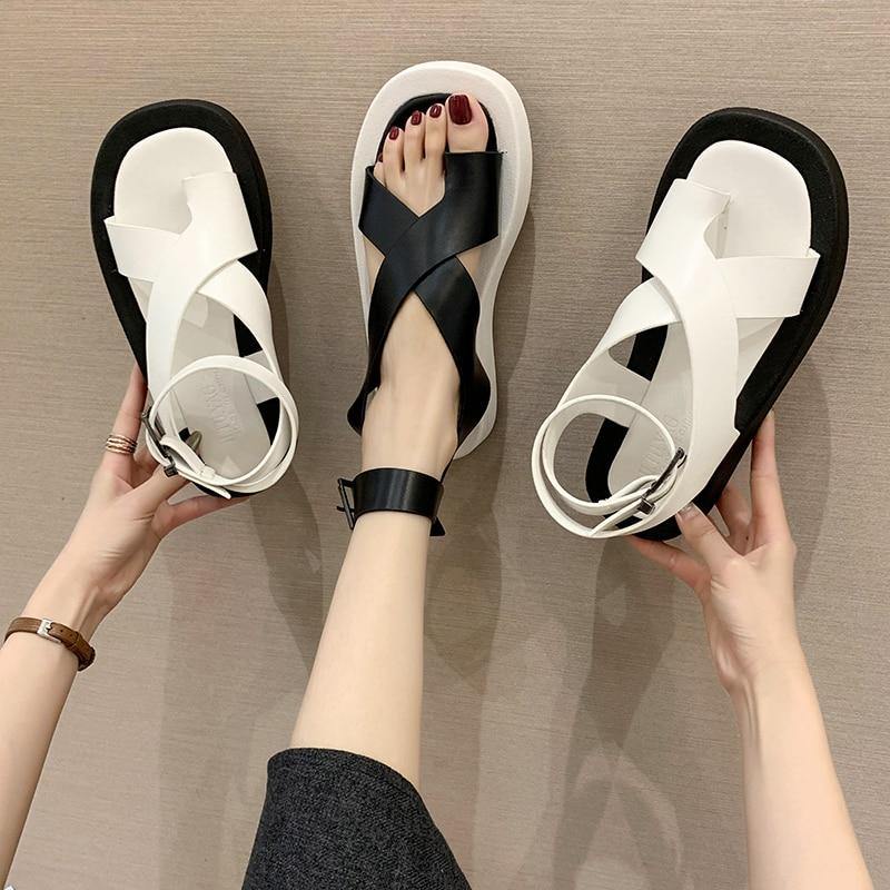 Women's Clip Toe Cross Square Flat Sandals - AM APPAREL