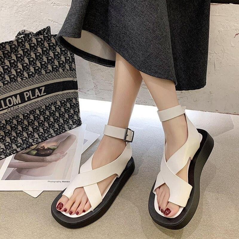 Women's Clip Toe Cross Square Flat Sandals - AM APPAREL