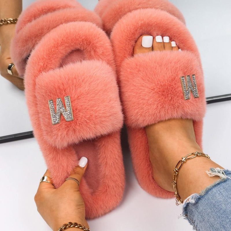 Women's Fluffy Faux Fur Slipers W/ Rhinestone Letter M - AM APPAREL