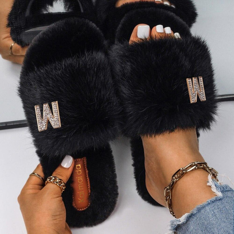 Women's Fluffy Faux Fur Slipers W/ Rhinestone Letter M - AM APPAREL