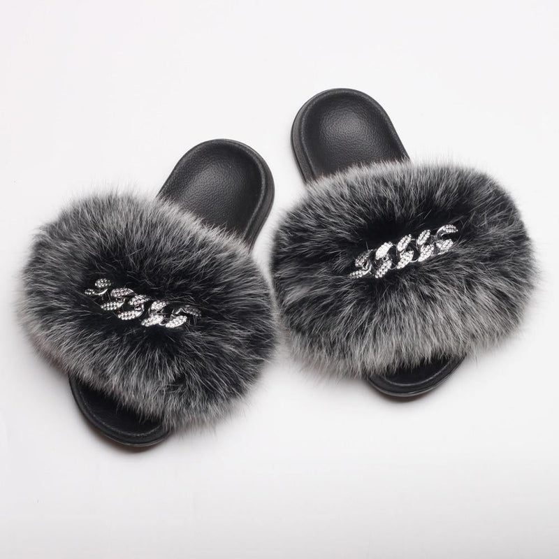 Women's Fluffy Fur Slippers W/ Chain Detail - AM APPAREL