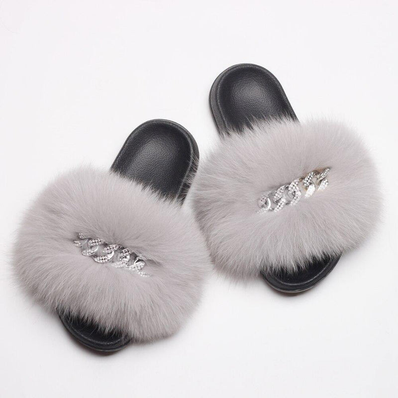 Women's Fluffy Fur Slippers W/ Chain Detail - AM APPAREL