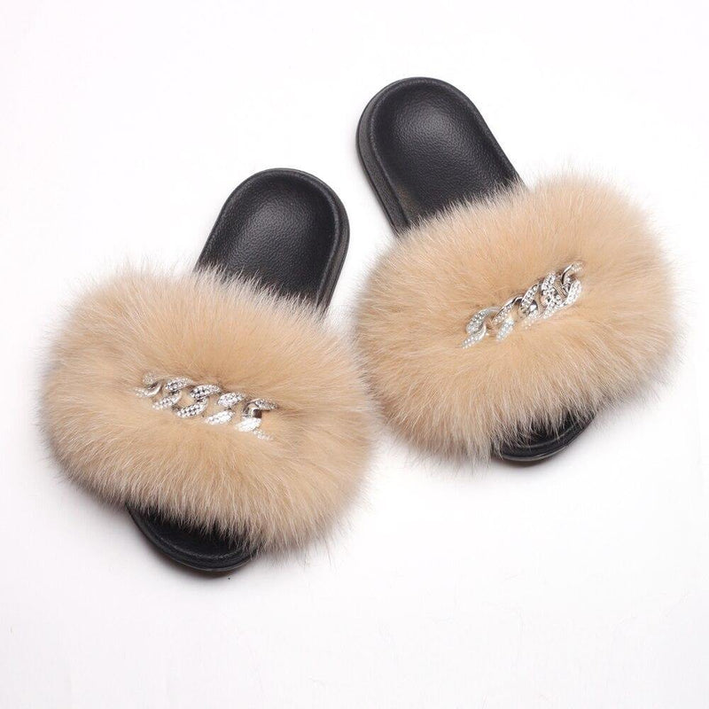 Women's Fluffy Fur Slippers W/ Chain Detail - AM APPAREL