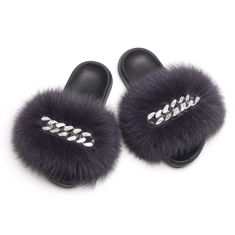 Women's Fluffy Fur Slippers W/ Chain Detail - AM APPAREL