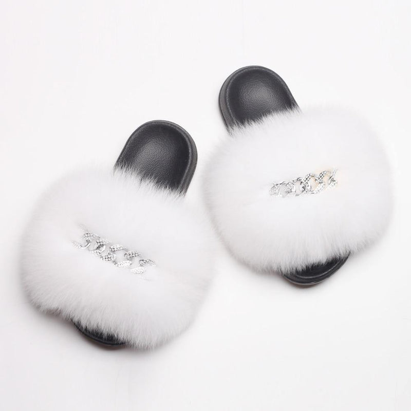 Women's Fluffy Fur Slippers W/ Chain Detail - AM APPAREL