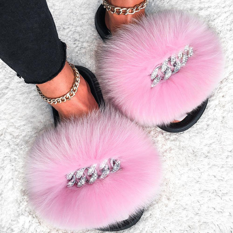 Women's Fluffy Fur Slippers W/ Chain Detail - AM APPAREL